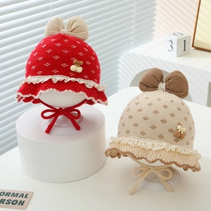 Baby Mädchen Strickmütze Winter Warm Ohrenschutz Schleife Spitze Blumen Kirsch Dekor Mütze Für Kleinkinder