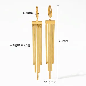 Long gold tassel drop earrings in stainless steel with snake chain and 90mm length