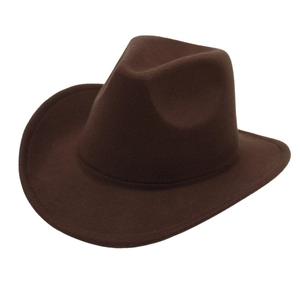 Detail of the dark brown cowboy hat showing high-quality felt fabric and curved brim