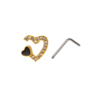 Golden heart nose stud with clear crystals and black heart accent on L-shaped stainless steel rod