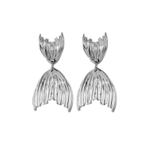 Polished stainless steel fishtail drop earrings with a sleek minimalist silver finish