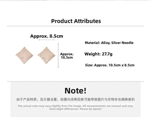 Detailed view of rose gold geometric square earrings with alloy and silver needle specs
