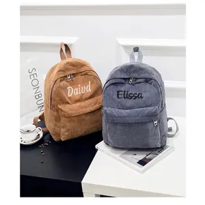 Vintage Corduroy Backpack Women School Bag Casual Lightweight Travel Rucksack Solid Color Preppy Style