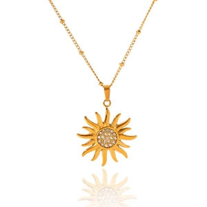 Golden sunflower pendant necklace with crystal diamonds and beaded chain on white background