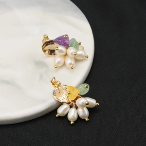 Handmade gold plated pearl and natural gemstone stud earrings for women in retro style