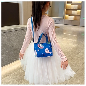 Blue kids crossbody bag featuring Halloween ghost and pumpkin patterns on nylon fabric