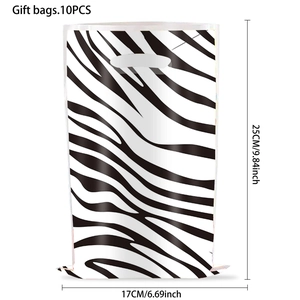 Detail of zebra pattern plastic gift bag with dimensions 25x17cm and cut-out handle