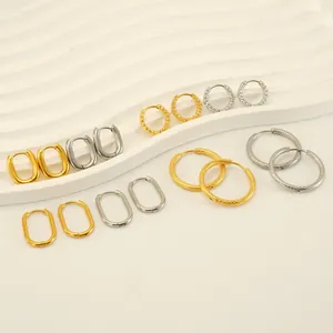 Boucles D'oreilles Créoles Géométriques Acier Inoxydable Plaqué Or 18K Rond Oval Texturé Style Français Pour Femmes