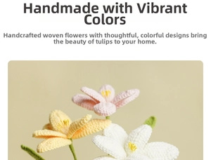 Detailed view of handmade crochet tulips in pink yellow and white yarn textures