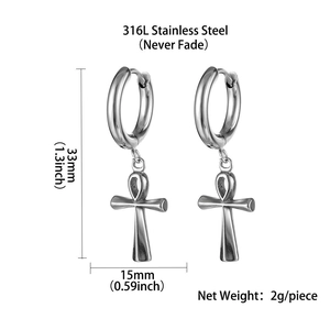 Detailed specs of 316L stainless steel Ankh cross earrings showing 33mm height and 2g weight