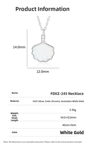 Detailed specs of S925 silver shell necklace with white mother of pearl and cubic zirconia