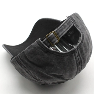 Vintage washed cotton baseball cap with adjustable metal buckle strap in dark grey
