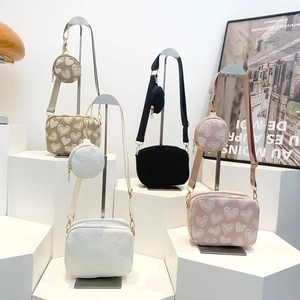 Heart Embossed Crossbody Bag With Round Coin Pouch PU Leather Wide Adjustable Strap Shoulder Bag Women Fashion Casual