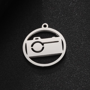 Polished silver stainless steel circular camera pendant with hollow DIY jewelry design