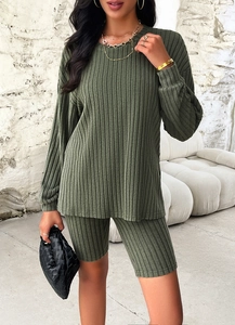 Detail of army green ribbed lounge set featuring long sleeve crewneck and cycling shorts