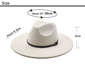 Size specifications for cream wide brim fedora with 9.5cm brim and 12cm crown height