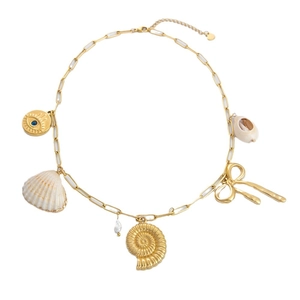 18K gold plated stainless steel necklace with shell, evil eye and pearl charms