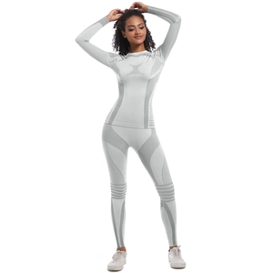 Detail of grey seamless knit ski suit with functional breathable texture on yoga set