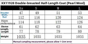 Size chart showing XS to L dimensions for the winter double-breasted boucle wool coat