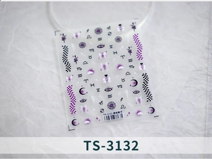 Detail of TS-3132 purple galaxy nail decals with zodiac symbols and moon patterns
