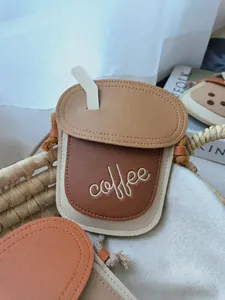 Cute coffee cup shaped mini crossbody bag for kids made of PU leather with woven strap