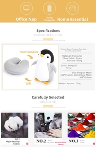 Detail of 2-in-1 penguin transformable U-shaped neck pillow with foam particles