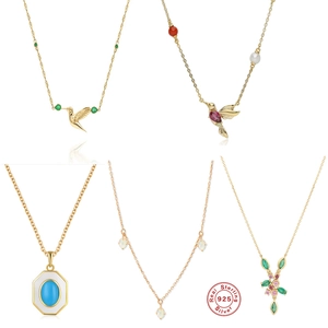 925 Sterling Silver Necklace Gold Plated Hummingbird Geometric Flower Pendant With Opal Zirconia Elegant Jewelry Gift