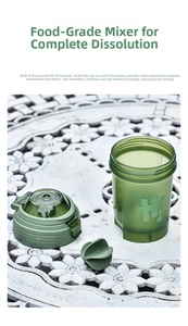 Green translucent protein shaker bottle with mixing ball and leak-proof lid detail