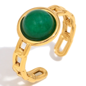 18K gold plated stainless steel chain ring with round green stone and adjustable band
