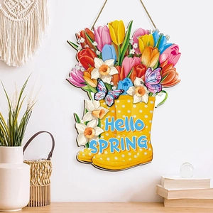 Hello Spring wooden sign featuring yellow polka dot rain boots with tulips and butterfly
