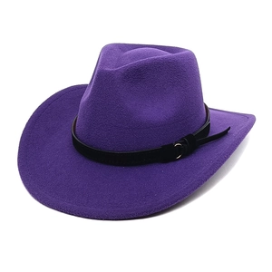 Detail of purple felt cowboy hat featuring a black leather belt with a metal buckle