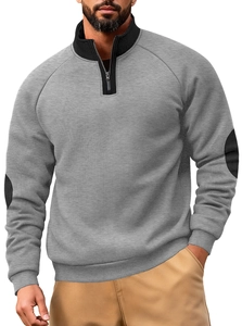 Detail of grey half-zip sweatshirt with black stand collar and elbow patches
