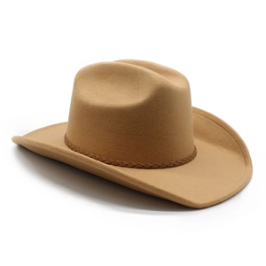 Macro detail of camel wool western cowboy hat featuring a braided decorative band