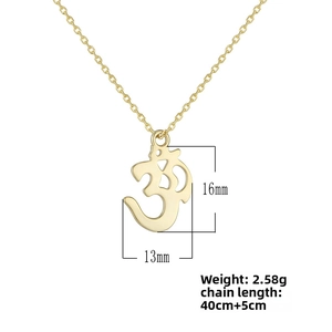 Detailed size chart showing Om pendant 16mm height and 13mm width on gold necklace chain