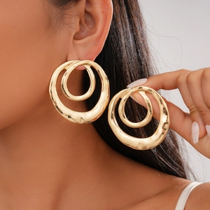 Hammered Texture Double Circle Hollow Hoop Earrings Alloy Geometric Minimalist Jewelry With Silver Earring Post