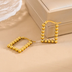 Rectangular Hoop Earrings For Women Stainless Steel Golden Beaded Geometric Minimalist Fashion Jewelry