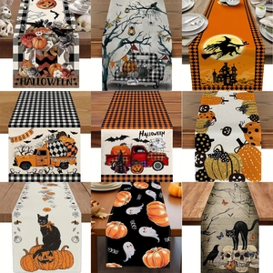 Halloween Table Runner Linen Pumpkin Ghost Black Cat Pattern For Kitchen Dining Room Party Decoration Seasonal Home Decor