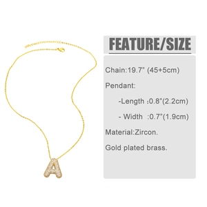 Detailed size specifications for a gold-plated letter A necklace with zircon pendant