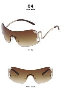 Detail of snake-shaped metal temples and gradient brown lenses on Y2K shield sunglasses