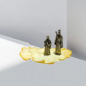 Detail showing vintage brass miniature Chinese couple figurines with intricate antique textures