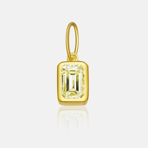 Close-up of golden rectangular S925 silver pendant featuring a large sparkling zircon stone