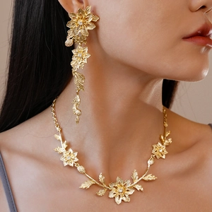 Flower Leaf Alloy Rhinestone Metallic Floral Pendant Necklace And Dangle Earrings With Silver Earring Post For Women Elegant
