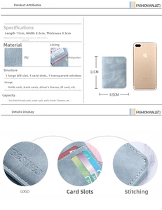 Slim light blue card wallet detail with 11x8.5x0.5cm dimensions and credit card slots