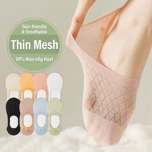 Women No Show Socks Invisible Boat Socks Breathable Mesh Cotton Blend Non Slip Silicone Heel Summer Thin Casual Solid Color