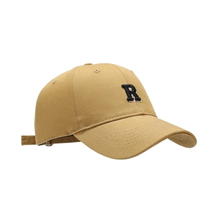 Khaki cotton baseball cap with embroidered R letter and adjustable metal buckle