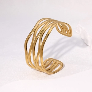 Minimalist multi-layer wavy open gold bangle in polished stainless steel for women