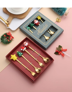 Detailed view of 4-piece gold stainless steel Christmas spoons and forks in a gift box