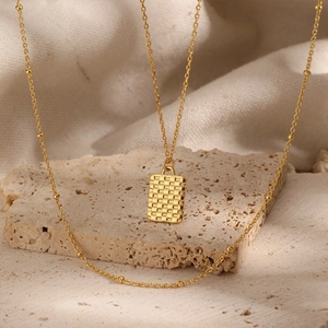 Minimalist gold S925 sterling silver beaded necklace with embossed rectangular pendant