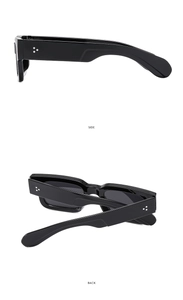 Detail view showing the side and back of black square sunglasses with silver rivets