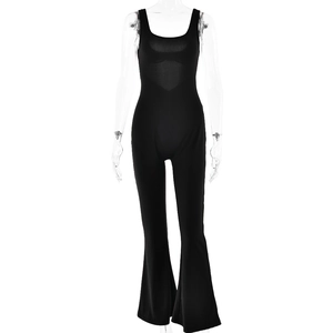 Solid black sleeveless jumpsuit with U-neck, backless design and flared leg style